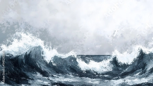 Fototapeta A dramatic seascape drawn with oil pastels featuring crashing waves and a stormy gray sky.