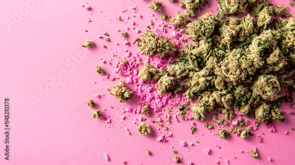 Fototapeta A dreamy arrangement of finely ground cannabis and buds scattered over a pastel-colored surface.