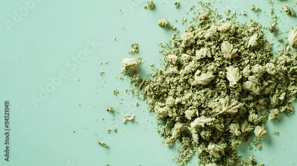 Fototapeta A dreamy arrangement of finely ground cannabis and buds scattered over a pastel-colored surface.