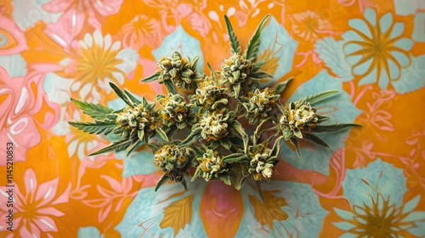 Fototapeta A dynamic arrangement of finely ground weed and dense buds on a bold kaleidoscope-patterned background.