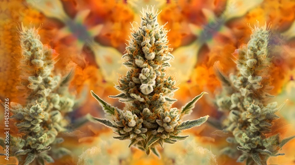 Fototapeta A dynamic arrangement of finely ground weed and dense buds on a bold kaleidoscope-patterned background.
