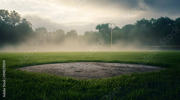 Fototapeta A foggy baseball field in the early morning with dew on the grass and faint outlines of the bases visible.
