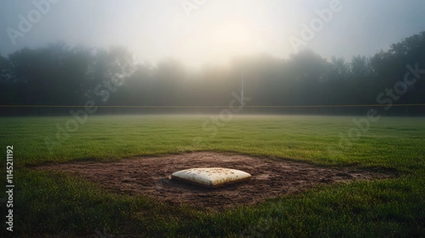 Fototapeta A foggy baseball field in the early morning with dew on the grass and faint outlines of the bases visible.