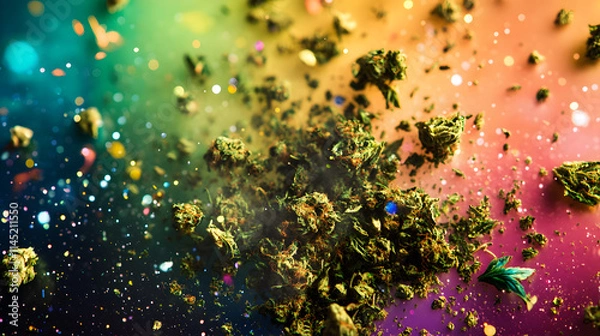 Fototapeta A dynamic composition of crushed weed and lush buds scattered over a vivid rainbow-like background.