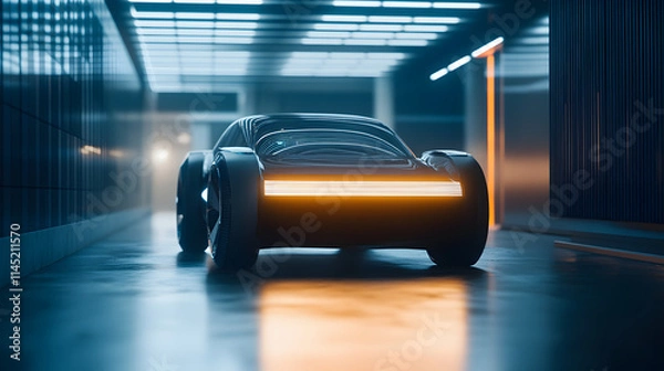Fototapeta A futuristic autonomous car front view with innovative strip-style headlights glowing in a high-tech environment.