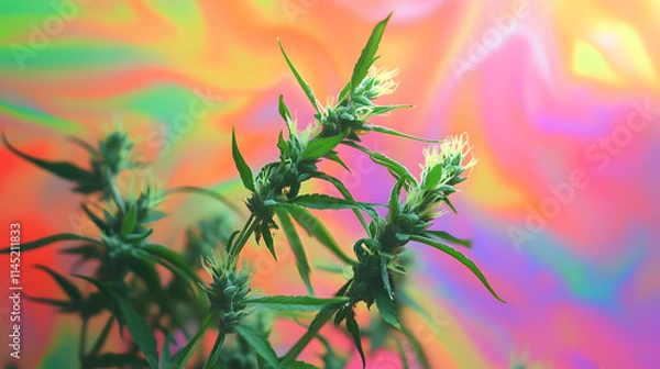 Fototapeta A dynamic composition of ground weed and bright green buds over a bold tie-dye background.