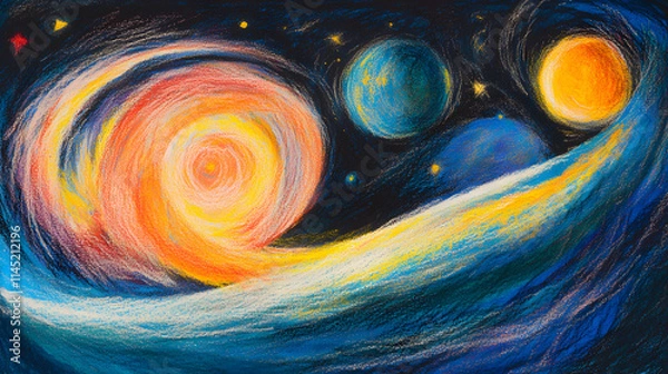 Fototapeta A dynamic space scene drawn with oil pastels featuring planets stars and swirling nebulae.