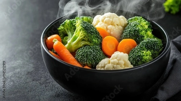 Fototapeta Fresh Steamed Vegetables in a Black Bowl on Dark Background