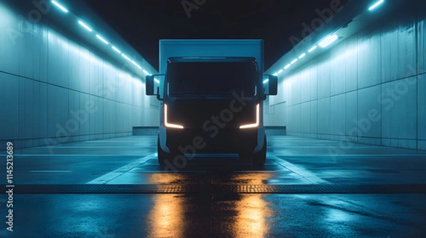 Fototapeta A futuristic truck front view with rectangular headlights on parked in a minimalist industrial parking lot.