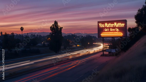 Fototapeta A glowing cheeseburger billboard with the words You Matter and Dont Give Up standing out next to a bustling highway.