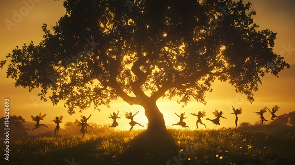 Fototapeta A glowing tree at the center of a twilight meadow with silhouettes of fairies dancing in the air.