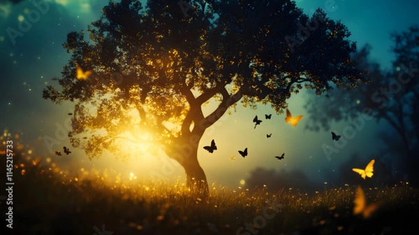 Fototapeta A glowing tree illuminates a magical twilight scene as fairy silhouettes hover delicately in mid-flight.