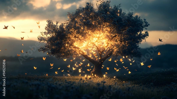 Fototapeta A glowing tree radiates a soft light as fairies silhouettes fly gracefully under the serene twilight.