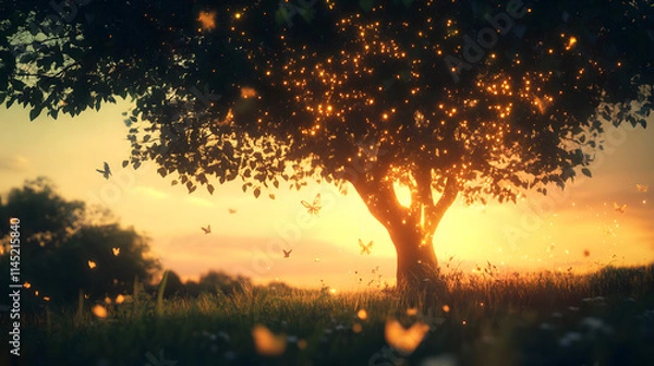Fototapeta A glowing tree radiates a soft light as fairies silhouettes fly gracefully under the serene twilight.