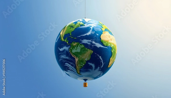 Obraz An earth shaped balloon floating on a string. Climate and environment concept, low-poly, with white tones