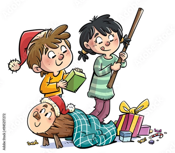 Fototapeta Caga tió, Catalan Christmas tradition,tree trunk that is hit with sticks
