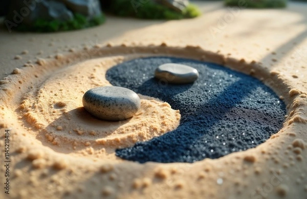 Fototapeta Zen garden design with yin, yang symbol. Two stones balanced on sand. Sand art with light. Perfect for meditation relaxation. Simple, beautiful. Perfect for relaxation. Calm atmosphere. Focus on