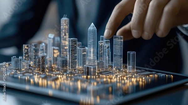 Fototapeta Experience the fusion of technology and urban development with a digital tablet displaying a virtual city hologram alongside social network icons