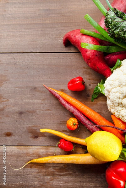 Obraz Vertical Wood Background with Colorful Assorted Fresh Healthy Organic Vegetables and Fruits