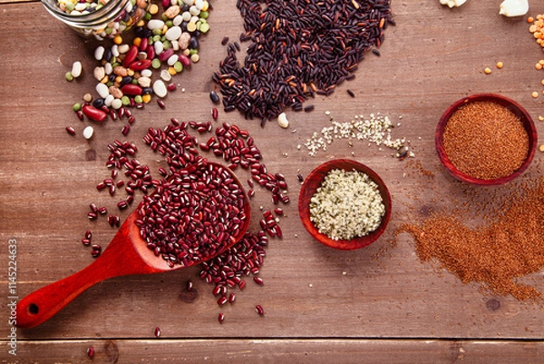 Obraz Wood Background with Colorful Assorted Fresh Healthy Organic Seeds, Nuts and Legumes in Bowls
