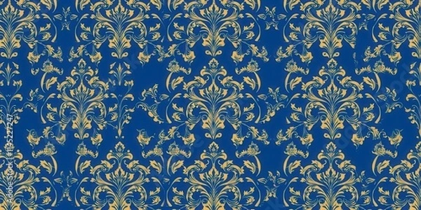 Obraz Intricate seamless damask wallpaper design with floral and geometric motifs in shades of gold and blue, texture, pattern, wallpaper