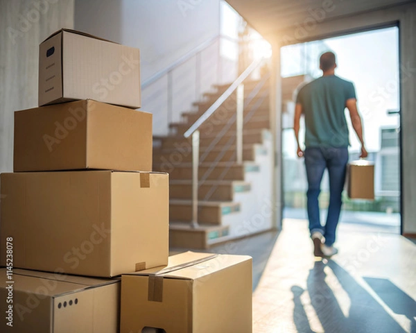 Obraz Stacked moving boxes in the foreground, with a blurred man in the background, symbolizing moving day, relocation, or a fresh start in a new home, bright indoor lighting