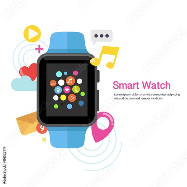 Fototapeta Smart watch device display  with app icons.  Smart watch technology . Flat design vector illustration