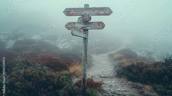 Obraz A vintage trail post with faded wooden signs pointing in three directions weathered by time against a foggy mountain backdrop.