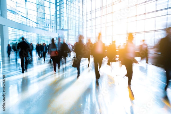 Fototapeta Businesspeople crowd fastmoving in an office lobby background with motion blur