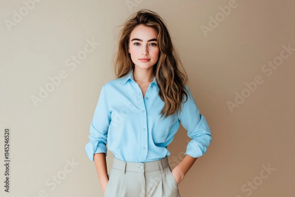 Fototapeta Full length portrait of a beautiful girl in her 25s wearing a light blue blouse and beige trousers in casual style, standing on a light brown solid background