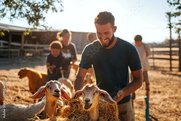 Fototapeta A cheerful man interacts with goats while friends enjoy the sunny farm atmosphere, highlighting community and the rustic joys of rural life.