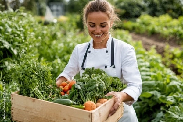 Fototapeta A chef in white attire lovingly gazes at a box of freshly harvested vegetables including herbs, tomatoes, and greens, epitomizing farm freshness and culinary pride.