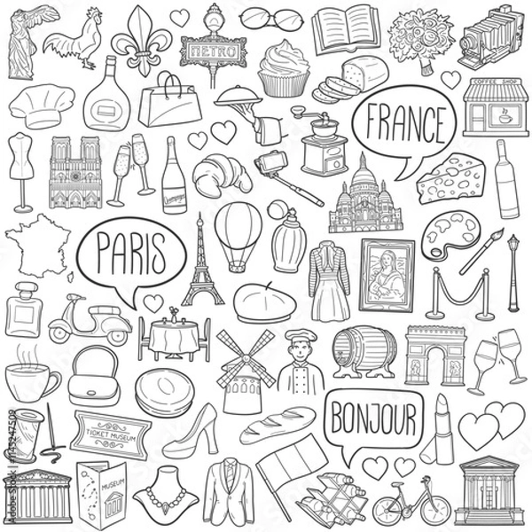 Fototapeta Bundle Paris, France City of Love Travel Doodle Icon Hand Draw Line Art Symbols.