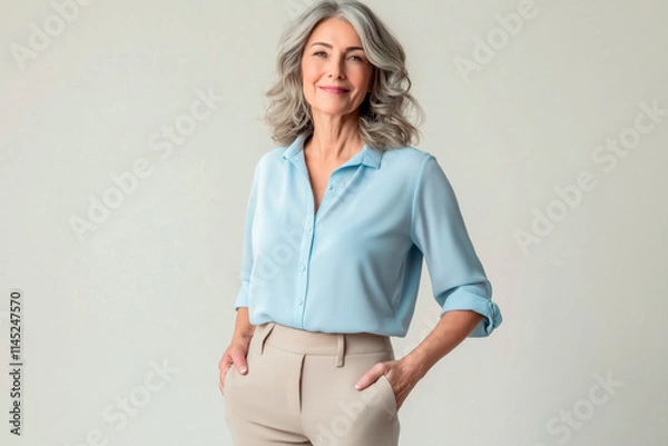 Fototapeta Half-length portrait of a woman in her 50s looking into the camera and wearing a casual blouse and trousers, standing against a solid-colored background