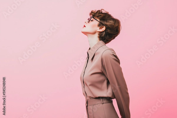 Fototapeta Half-length portrait of a young Caucasian European woman in her 20s posing in profile and wearing a casual style blouse and trousers, standing against a solid light pink background,