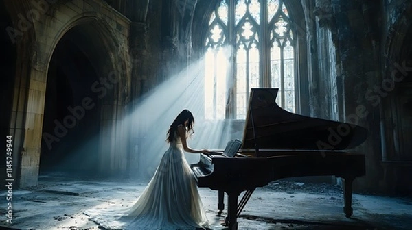 Obraz A dramatic scene of a woman in a flowing white gown playing a grand piano with a strong beam of light piercing through a gothic arched window.