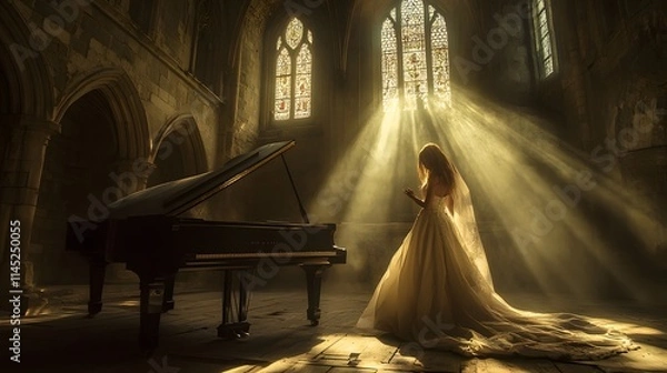 Obraz A dramatic scene of a woman in a flowing white gown playing a grand piano with a strong beam of light piercing through a gothic arched window.