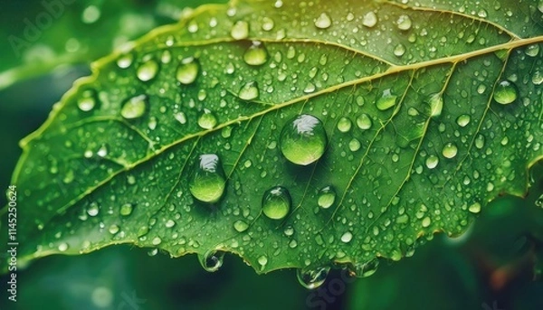 Obraz Captivating Water Drops on a Green Leaf An Abstract Background Showcasing Natures Beauty, Freshness, and Juiciness in Every Glimmering Drop