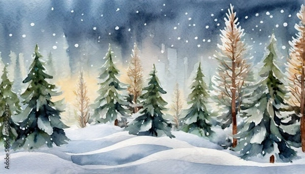 Fototapeta Enchanting Watercolor Illustration of a Snowy Forest with Lush Christmas Trees, Capturing the Serene Beauty of Winter Nature and the Magic of the Holiday Season in a Stunning Artistic Style