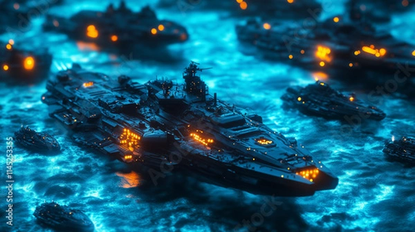 Fototapeta Underwater battlefield featuring advanced naval vessels illuminated in a high-tech conflict environment