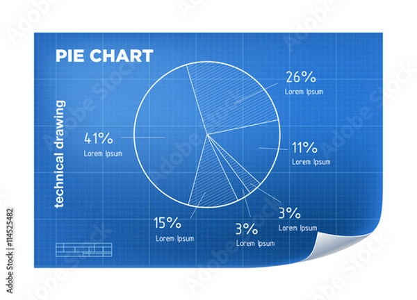 Fototapeta Technical wireframe Illustration with pie chart drawing on the blueprint.