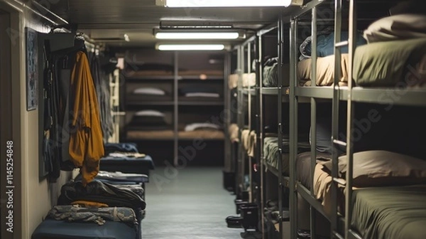 Obraz A realistic Navy barracks interior with bunk beds lockers and equipment neatly arranged.