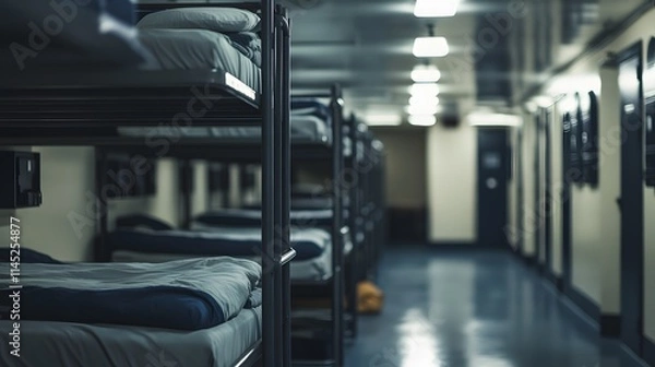 Obraz A realistic Navy barracks interior with bunk beds lockers and equipment neatly arranged.