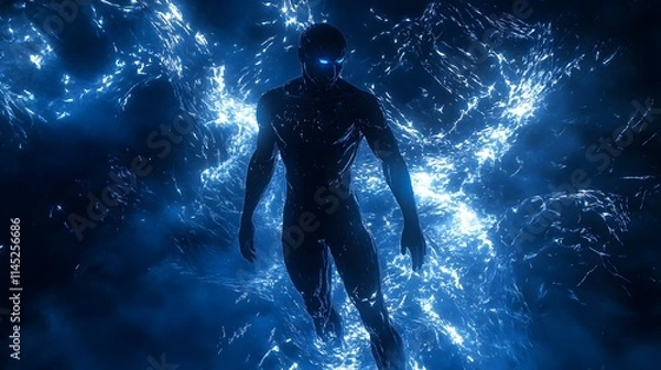 Obraz A sculpted male figure in a black diving suit surrounded by deep blue shadows his form outlined by the faint glow of nearby bioluminescent organisms.