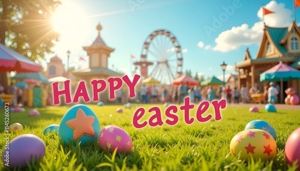 Fototapeta  Easter eggs with festive mood in a vibrant amusement park with carousel and bright colors