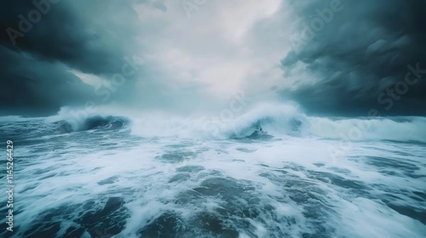 Obraz An expressive painting of a stormy sea with waves crashing onto the shore in dynamic swirling strokes of blue and white.