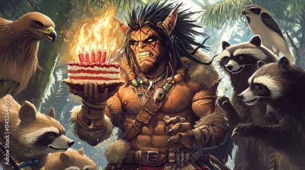 Obraz A barbarian warrior with wild hair holding a flaming birthday cake while surrounded by bears hawks and raccoons. Caricature style.