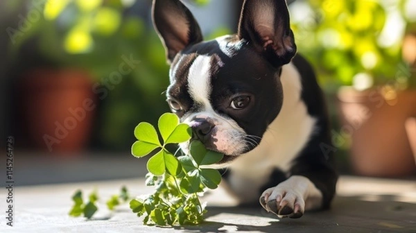 Obraz A Boston terrier with its head tilted sniffing a bright green four-leaf clover it holds in its teeth sitting on a sunlit patio.