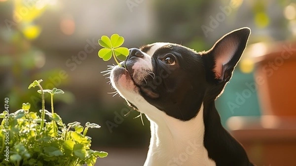 Obraz A Boston terrier with its head tilted sniffing a bright green four-leaf clover it holds in its teeth sitting on a sunlit patio.
