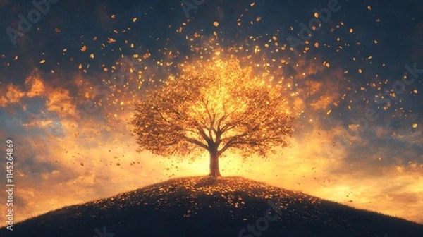 Obraz A breathtaking depiction of a lone tree on a hill its branches painted with golden leaves against a sunset sky in vibrant brushstrokes.